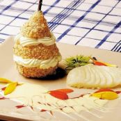 PERAS AL VINO CON CREMA DE ALBAHACA