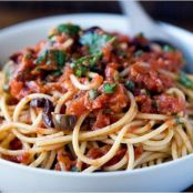 SPAGHETTI w/TOMS, OLIVES, CAPERS & ANCHOVY