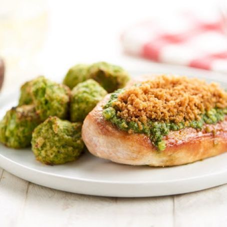 Pesto-Crusted Chicken with Parmesan Broccoli Tots