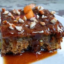 Sticky apple carrot pudding cake with apricot cinnamon sauce