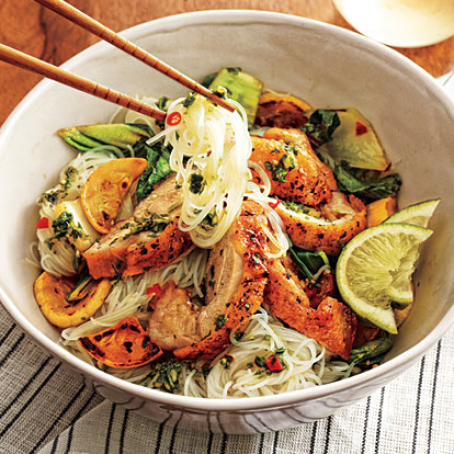 Fiery Thai Noodle Bowl with Crispy Chick Thighs