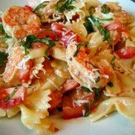 Roasted Tomatoes with Shrimp, Goat Cheese and Farfalle