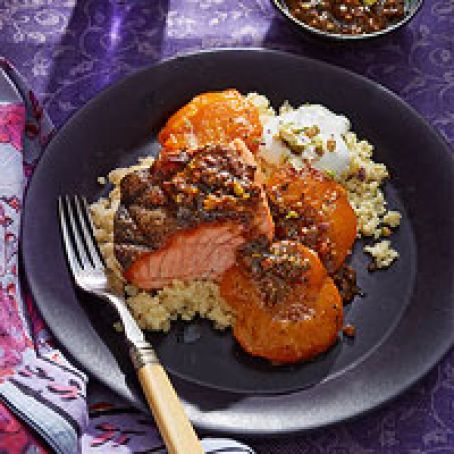 Salmon with Apricots, Yogurt & Pistachio Sauce