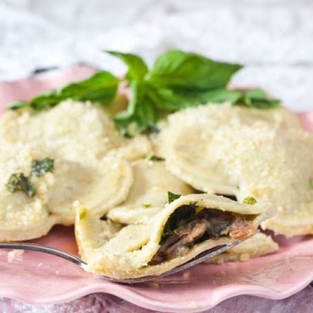 Prosciutto and Mushroom Ravioli with Basil Browned Butter Sauce