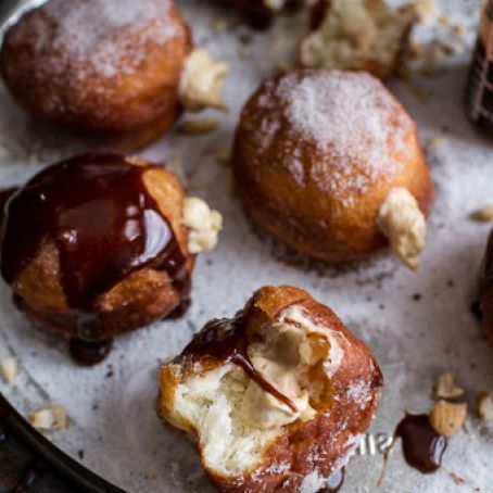 Peanut Butter Cheesecake Doughnuts with Salted Chocolate Bourbon Caramel