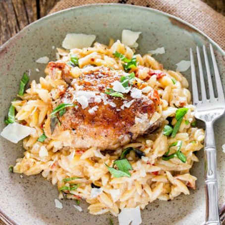 Creamy Chicken Orzo and Sun Dried tomato Skillet