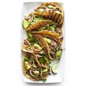 Flank Steak Tacos with Avocado and Red Onion Salad