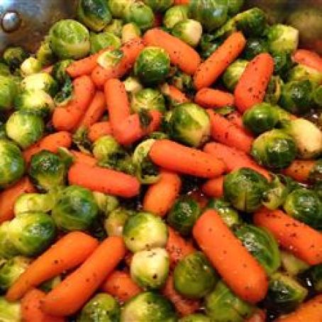 Baby Carrots And Brussels Sprouts Glazed With Brown Sugar and Pepper