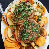 Sautéed Pork Chops with Sweet Potato, Apples and Mustard Sauce