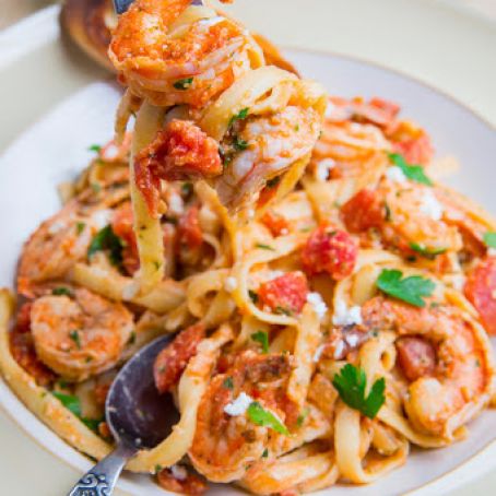 Shrimp Linguine in a Tomato and Feta Sauce (aka Shrimp Saganaki Linguine) on Closet Cooking