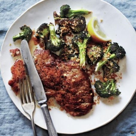 Pork Cutlets With Roasted Broccoli and Crispy Bread Crumbs