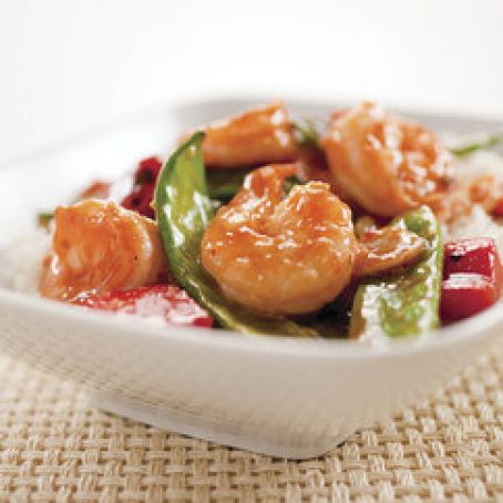 Stir-Fried Shrimp with Snow Peas and Red Bell Pepper in Hot and Sour Sauce