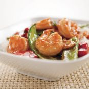 Stir-Fried Shrimp with Snow Peas and Red Bell Pepper in Hot and Sour Sauce