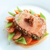 Walnut-herb crusted Pork Loin with Carrots and Mange-tout in Honey Mustard Vinaigrette