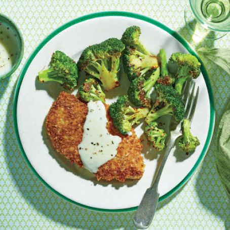 Crispy Oven-Fried Chicken Cutlets with Roasted Broccoli and Parmesan Cream Sauce