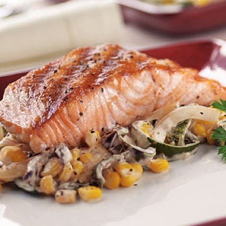 Pan-Grilled Salmon with Poblanos, Corn and Onions