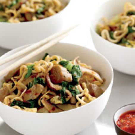 asian pork, mushroom and noodle stir-fry