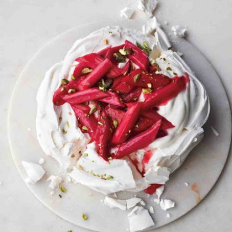 Pavlova with Rhubarb and Pistachios