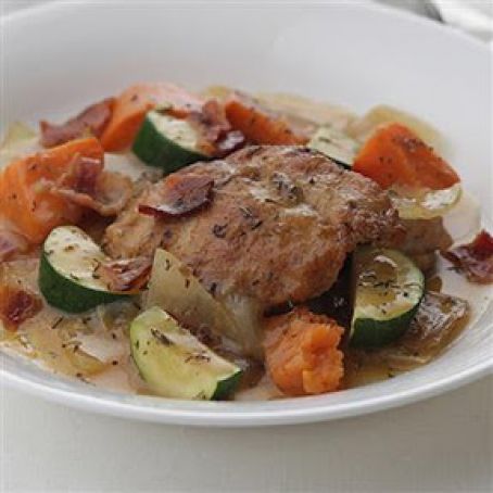 Roasted Coriander-Spiced Chicken Thighs with Bacon and Sweet Potatoes