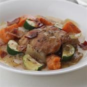 Roasted Coriander-Spiced Chicken Thighs with Bacon and Sweet Potatoes