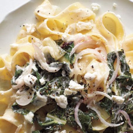Pappardelle With Swiss Chard, Onions, and Goat Cheese