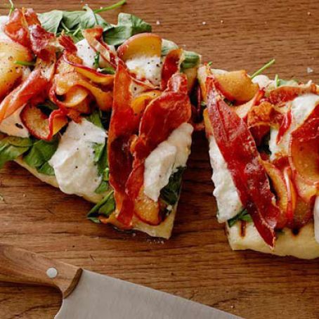 Grilled Summer Pizzette with Caramelized Peaches, Burrata, Arugula & Crispy Serrano