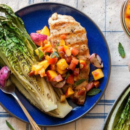 Pork Chops with Charred Romaine & Nectarine-Avocado-Almond Salsa