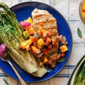 Pork Chops with Charred Romaine & Nectarine-Avocado-Almond Salsa