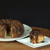 Snickers Bundt with Chocolate Caramel Peanut Sauce