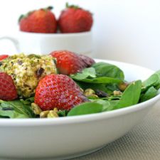 Strawberry-Spinach Salad with Champagne-Pear Vinaigrette and Walnut-Crusted Chevre