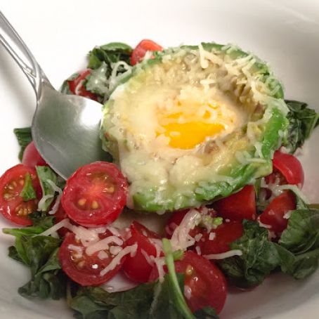 BAKED****Baked Avocado Eggs with Arugula, Basil & Cherry Tomato Salad
