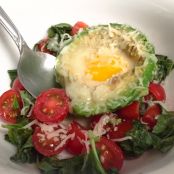 BAKED****Baked Avocado Eggs with Arugula, Basil & Cherry Tomato Salad