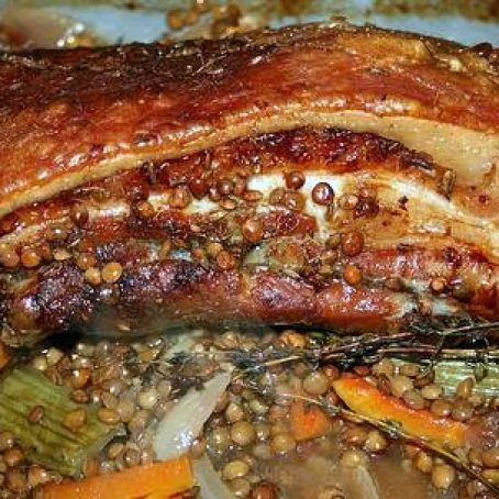 Slow Roast Pork Belly with Cider & Lentils