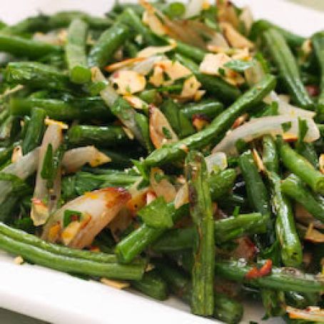 GREEN BEANS*****Garlic-Roasted Green Beans with Shallots and Almonds or Hazelnuts