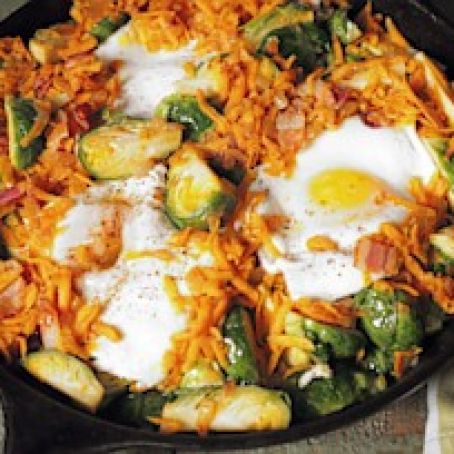 BAKED EGGS WITH SWEET POTATO BRUSSELS SPROUTS HASH