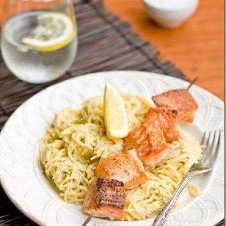 Salmon Fish Kabobs w/ Creamy Dill Spaghetti