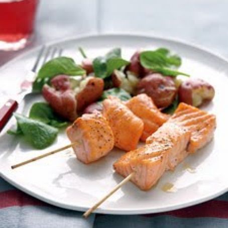 Salmon Skewers with Smashed Potatoes