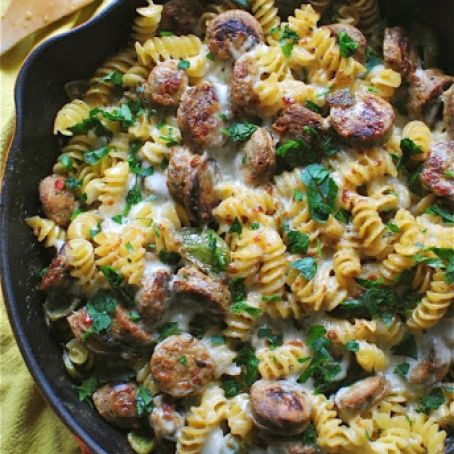 Skillet Pasta with Chicken Sausages and a Creamy Roasted Green Pepper Sauce