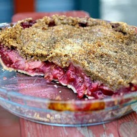 Walnut Crumble Topped Raspberry Rhubarb Apple Pie