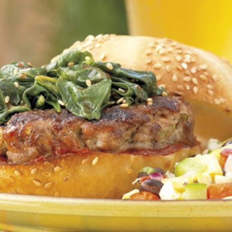 Spicy Ginger-Scallion Burgers with Sesame SpinachRecipe from Weber's Big Book of Burgers™ by Jamie Purviance