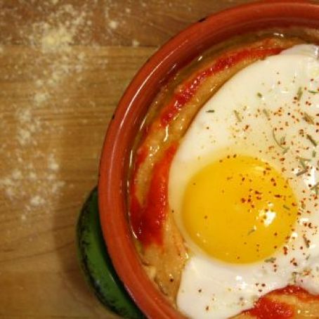 Sriracha Parmesan Grits with Fried Egg, Chipotle and Rosemary