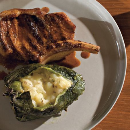 Pork Chops with Chiles Rellenos and Ancho Sauce