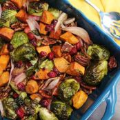 Maple Roasted Brussel Sprouts and Sweet Potatoes with Cranberries and Pecans