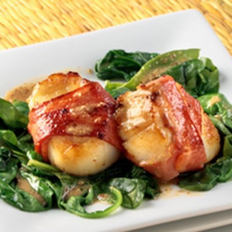 Bacon-Wrapped Scallops with Wilted Spinach